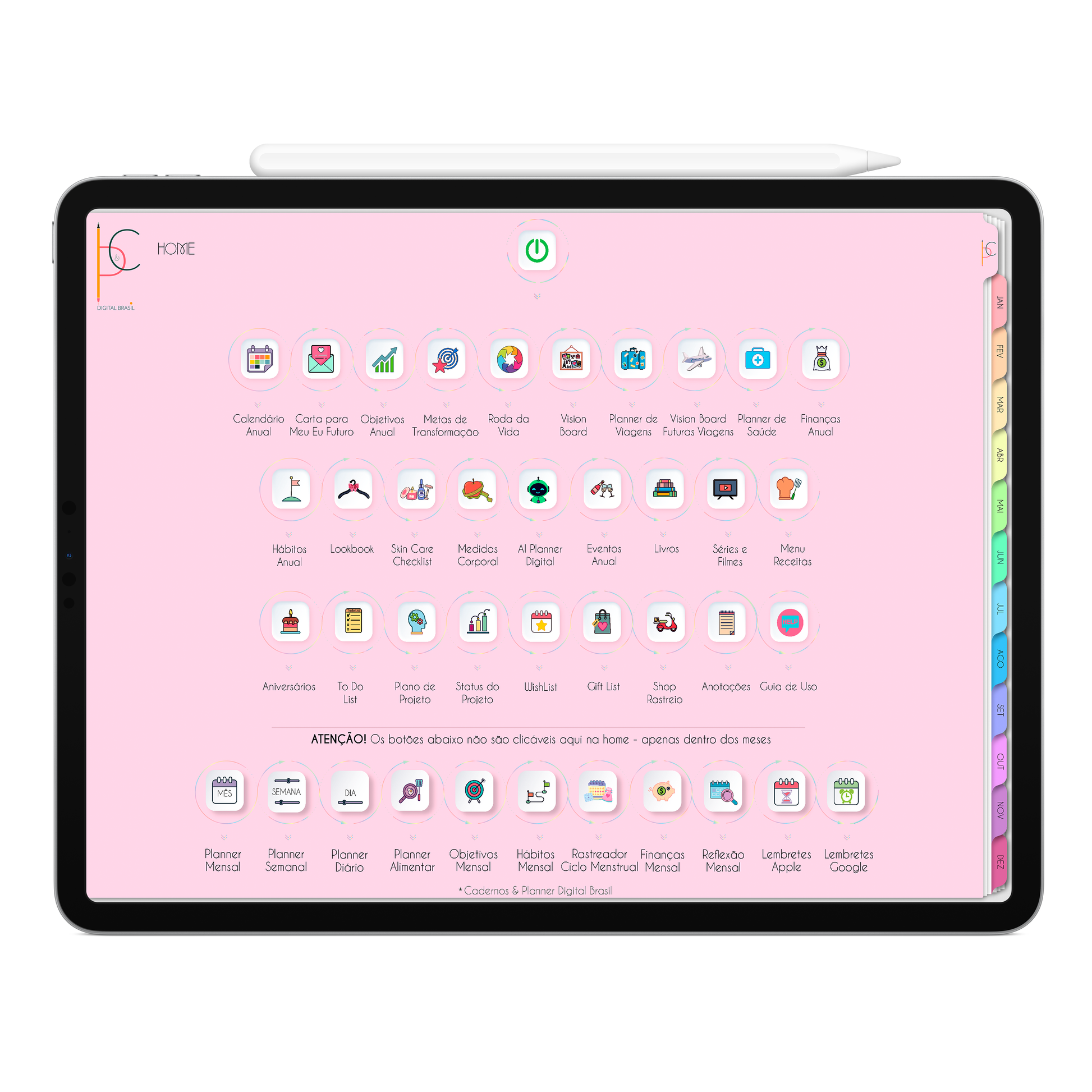 Home do Planner Digital Life In Colors horizontal com botões clicaveis e interativos para clicar e acessar as páginas de planejamento anual, abas mensal e botões para páginas de planejamento anual, semanal, mensal e diário. para uso no iPad ou Tablet Android, Tablet Samsung.