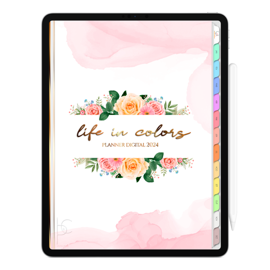 Planner Digital Vertical Life In Colors 2024 Gold Flowers • Para iPad e Tablet Android • Download Instantâneo • Sustentável