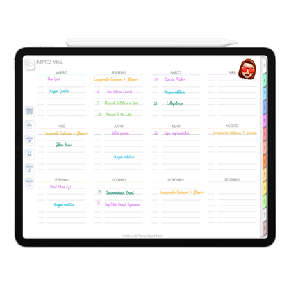 Página de Eventos Anual Planner Digital 2024 para iPad e Tablet Android com aplicativos de Anotações GoodNotes, Noteshelf, Samsung Notes. Planejamento Digital várias áreas da vida, planejamento anual, planejamento mensal, planejamento semanal, planejamento diario, planejamento alimentar. Planner Interativo e Clicável. Cadernos & Planner Digital Brasil