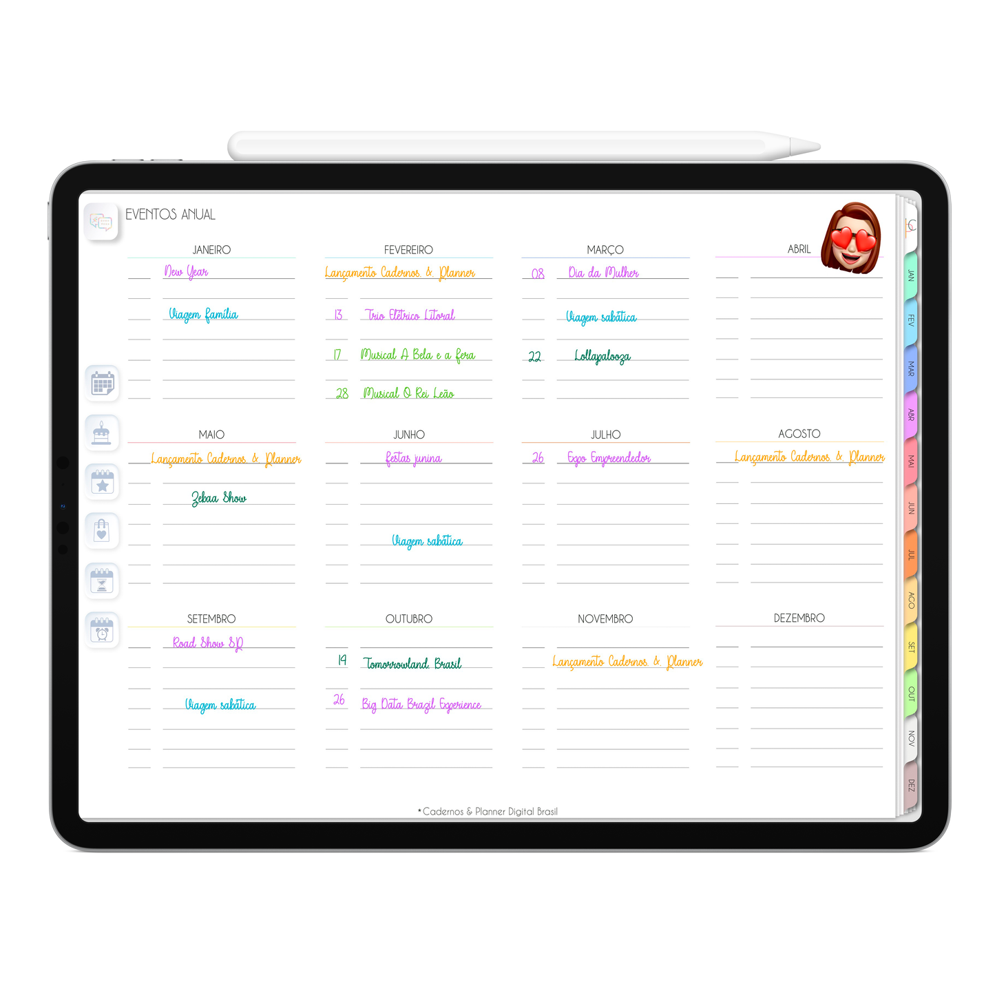 Página de Eventos Anual Planner Digital 2024 para iPad e Tablet Android com aplicativos de Anotações GoodNotes, Noteshelf, Samsung Notes. Planejamento Digital várias áreas da vida, planejamento anual, planejamento mensal, planejamento semanal, planejamento diario, planejamento alimentar. Planner Interativo e Clicável. Cadernos & Planner Digital Brasil