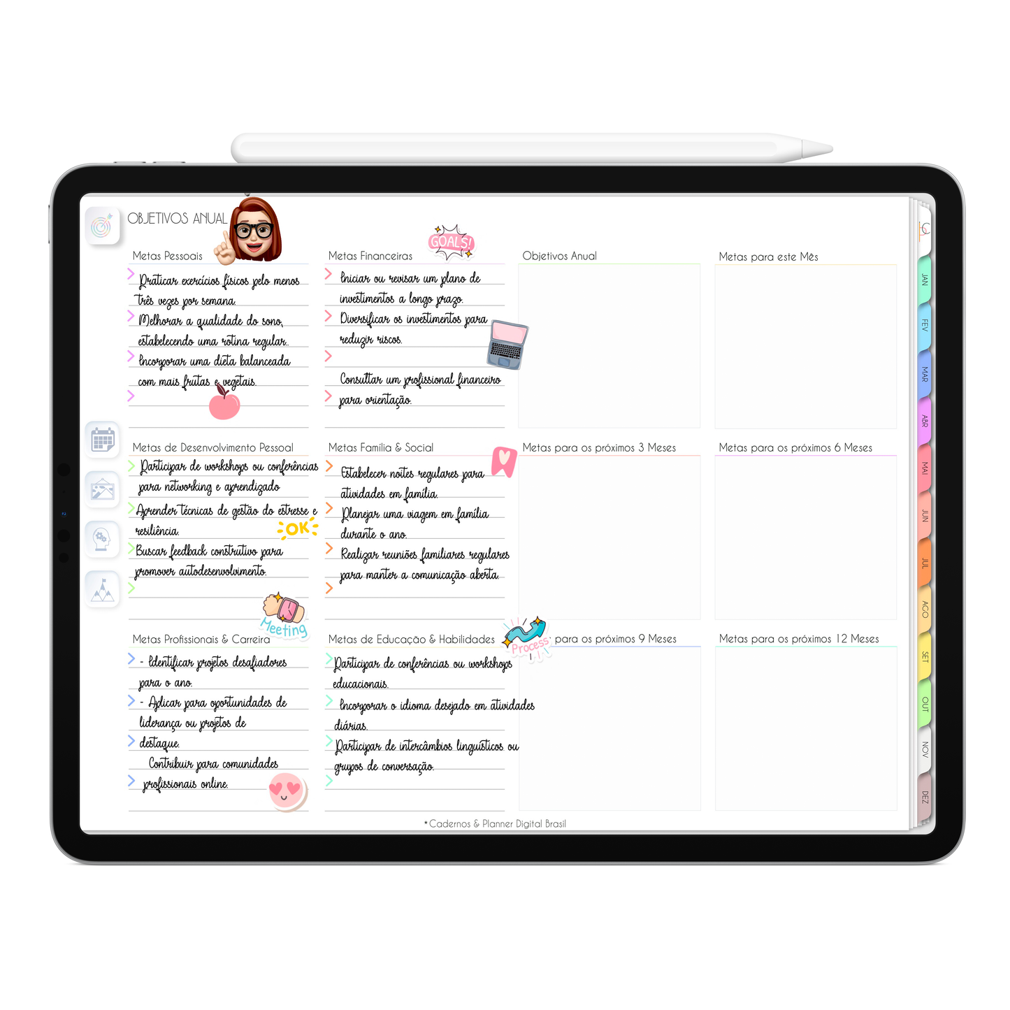 Página de Planejamento Anual Planner Digital 2024 para iPad e Tablet Android com aplicativos de Anotações GoodNotes, Noteshelf, Samsung Notes. Planejamento Digital várias áreas da vida, planejamento anual, planejamento mensal, planejamento semanal, planejamento diario, planejamento alimentar. Planner Interativo e Clicável. Cadernos & Planner Digital Brasil