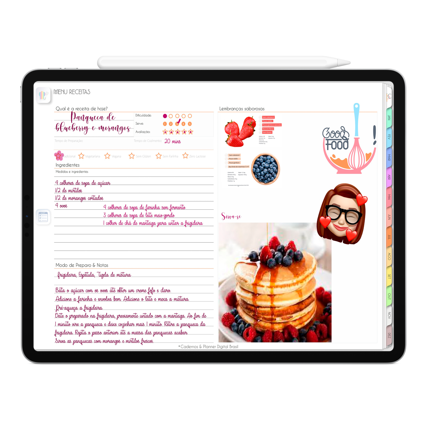 Página de Receitas Planner Digital 2024 para iPad e Tablet Android com aplicativos de Anotações GoodNotes, Noteshelf, Samsung Notes. Planejamento Digital várias áreas da vida, planejamento anual, planejamento mensal, planejamento semanal, planejamento diario, planejamento alimentar. Planner Interativo e Clicável. Cadernos & Planner Digital Brasil