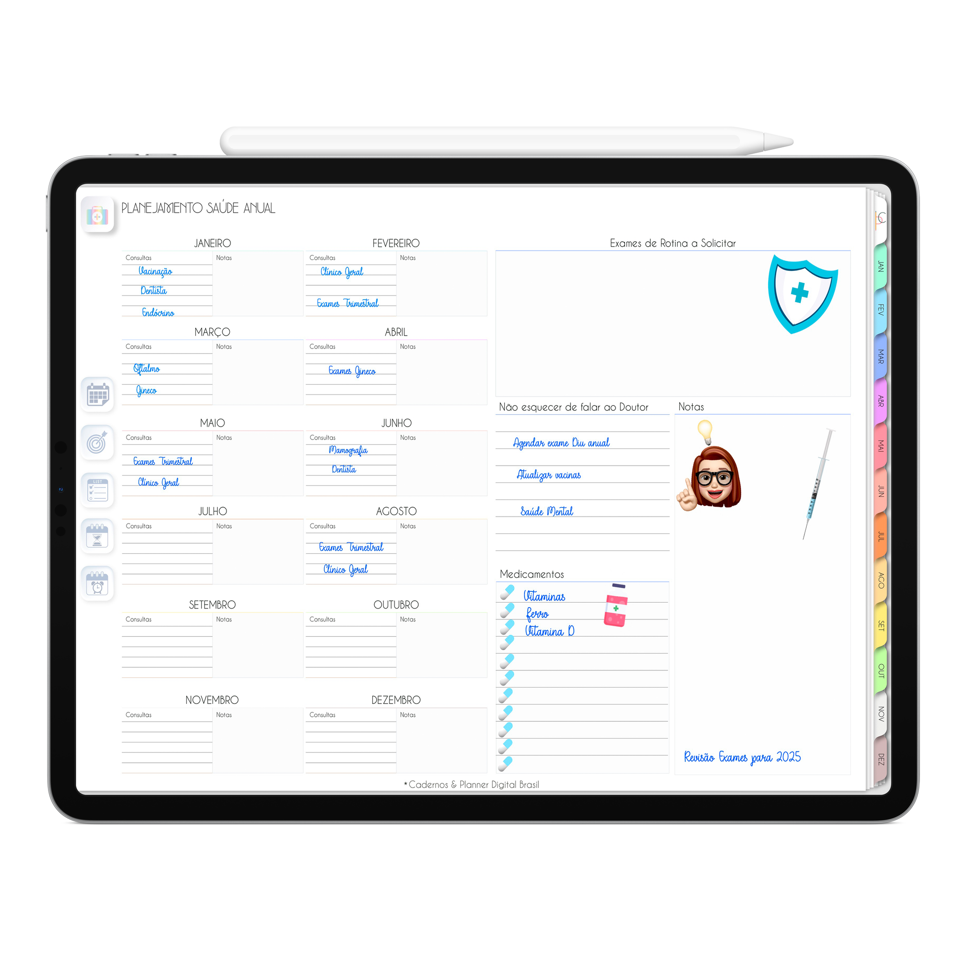Página Planejamento de Saúde Anual Planner Digital 2024 para iPad e Tablet Android com aplicativos de Anotações GoodNotes, Noteshelf, Samsung Notes. Planejamento Digital várias áreas da vida, planejamento anual, planejamento mensal, planejamento semanal, planejamento diario, planejamento alimentar. Planner Interativo e Clicável. Cadernos & Planner Digital Brasil