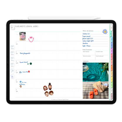 Planejamento Semanal Planner Digital 2024 para iPad e Tablet Android com aplicativos de Anotações GoodNotes, Noteshelf, Samsung Notes. Planejamento Digital várias áreas da vida, planejamento anual, planejamento mensal, planejamento semanal, planejamento diario, planejamento alimentar. Planner Interativo e Clicável. Cadernos & Planner Digital Brasil