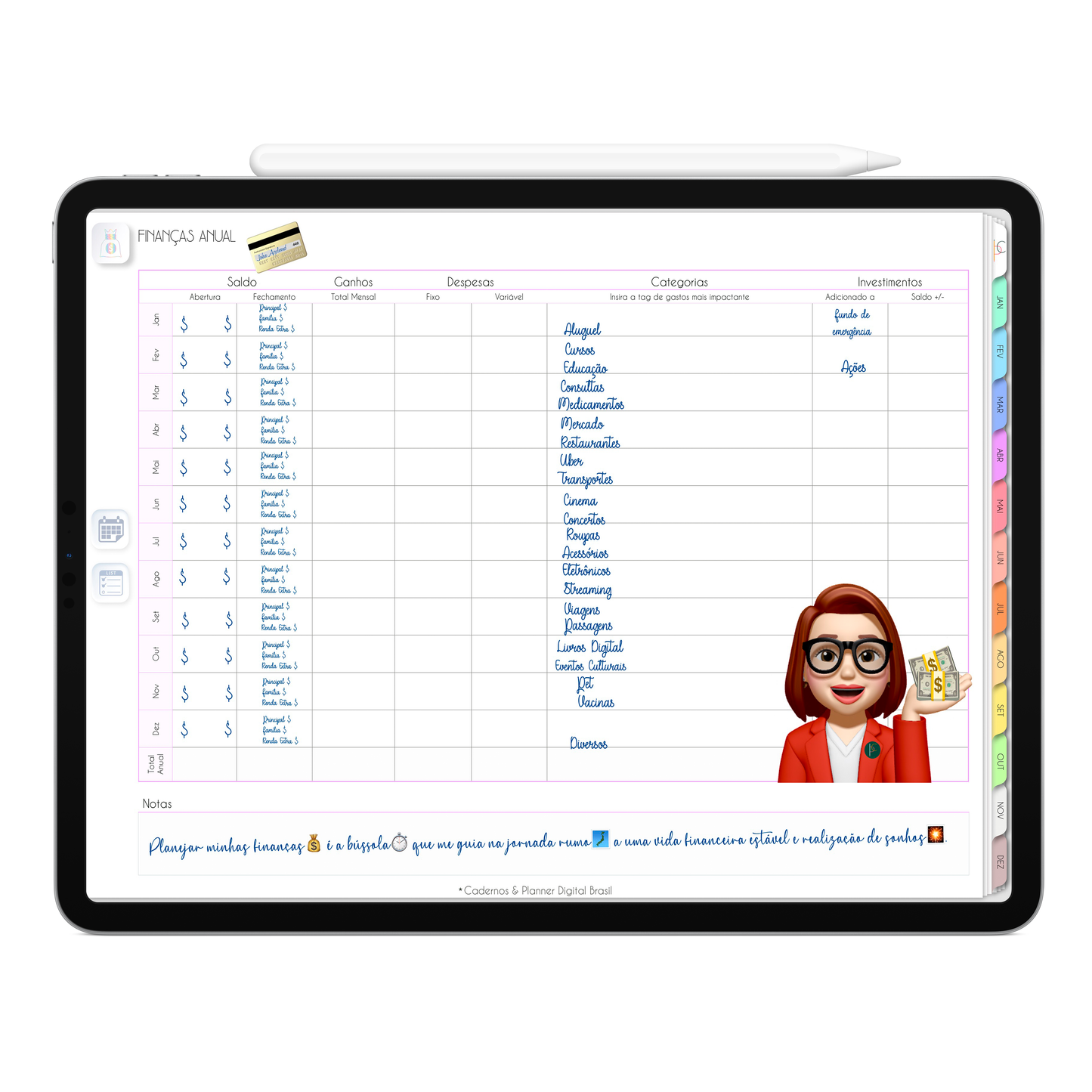 Página de Planejamento Financeiro Planner Digital 2024 para iPad e Tablet Android com aplicativos de Anotações GoodNotes, Noteshelf, Samsung Notes. Planejamento Digital várias áreas da vida, planejamento anual, planejamento mensal, planejamento semanal, planejamento diario, planejamento alimentar. Planner Interativo e Clicável. Cadernos & Planner Digital Brasil