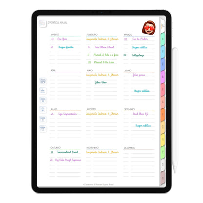 Planejamento Eventos Anual Planner Digita 2024 Life In Colors exlcusivo para iPad e Tablet Android, Tablet Samsung, Aplicativos de Anotações GoodNotes, Noteshelf e Samsung Notes. Planejamento Anual, Planejamento Mensal, Planejamento Semanal e Planejamento DIário. Integração Apple Calendar e Google Calendar Cadernos & Planner Digital Brasil