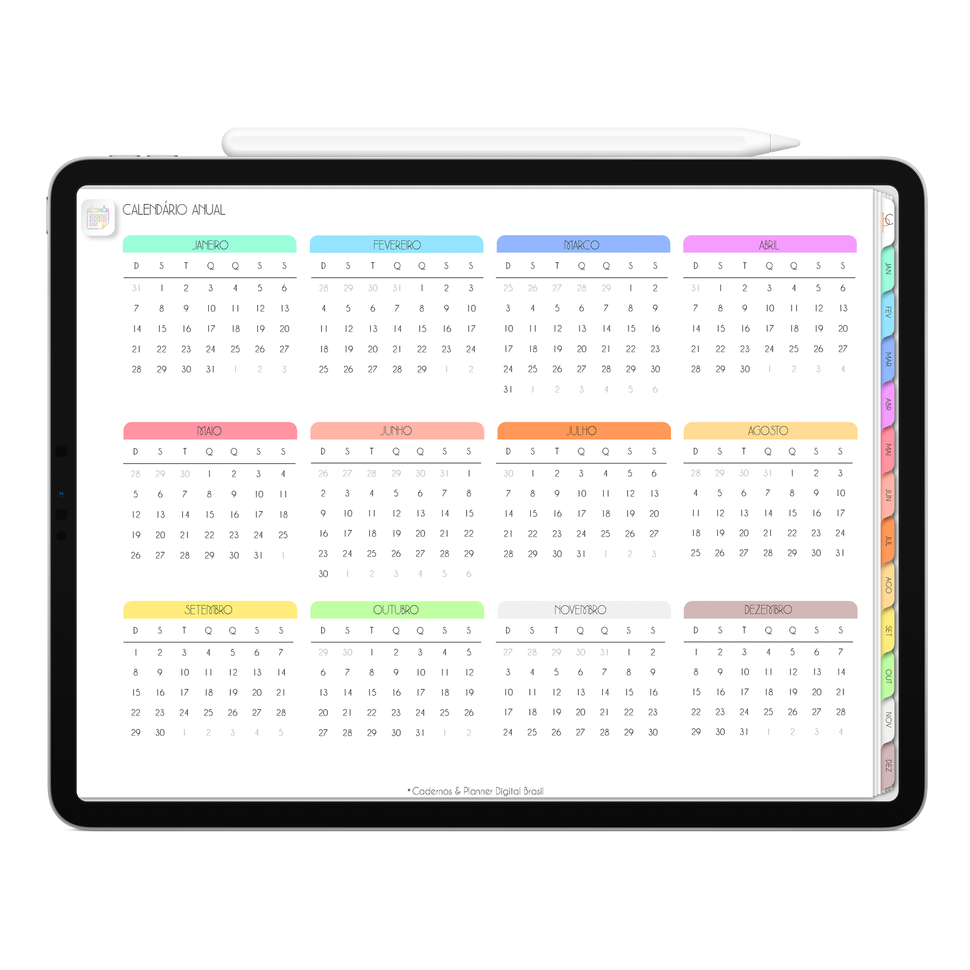 Calendário Anual 2024 Planner Digital 2024 para iPad e Tablet Android com aplicativos de Anotações GoodNotes, Noteshelf, Samsung Notes. Planejamento Digital várias áreas da vida, planejamento anual, planejamento mensal, planejamento semanal, planejamento diario, planejamento alimentar. Planner Interativo e Clicável. Cadernos & Planner Digital Brasil