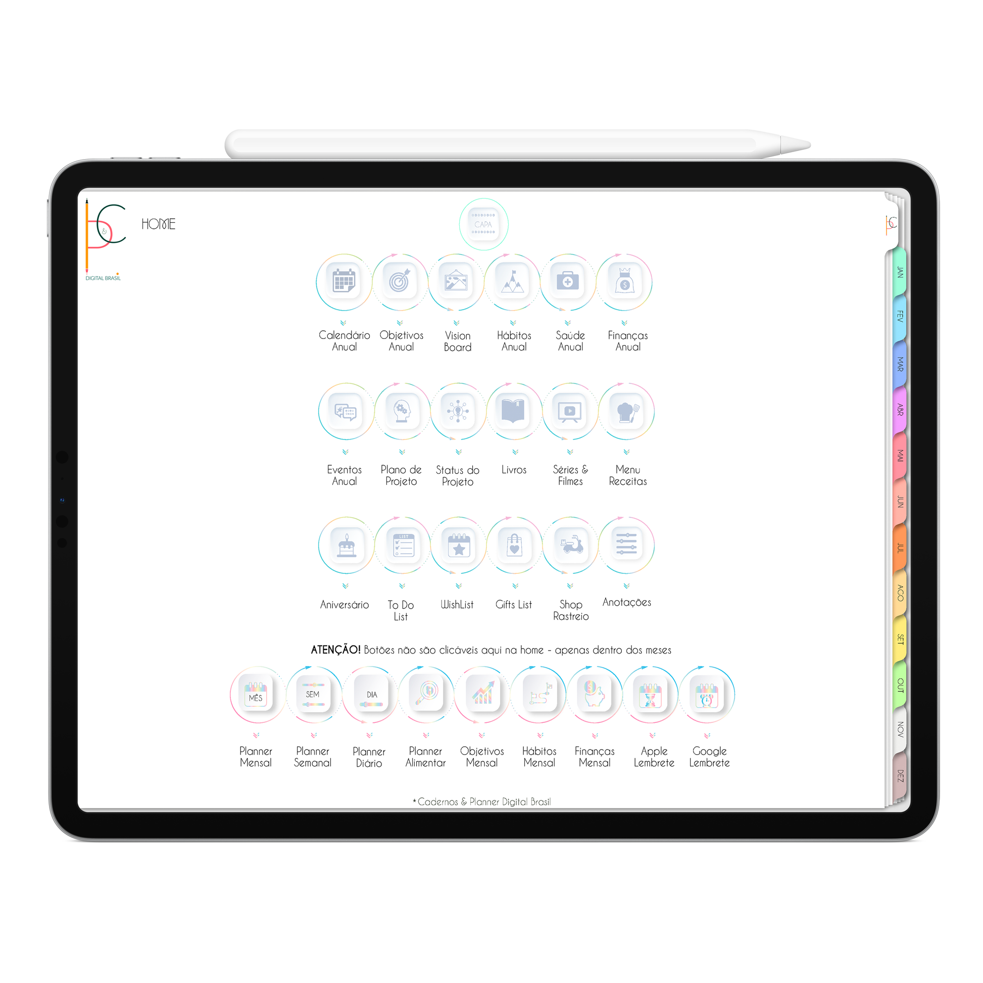 Home Indez Todas as Páginas de Planejamento Planner Digital 2024 para iPad e Tablet Android com aplicativos de Anotações GoodNotes, Noteshelf, Samsung Notes. Planejamento Digital várias áreas da vida, planejamento anual, planejamento mensal, planejamento semanal, planejamento diario, planejamento alimentar. Planner Interativo e Clicável. Cadernos & Planner Digital Brasil