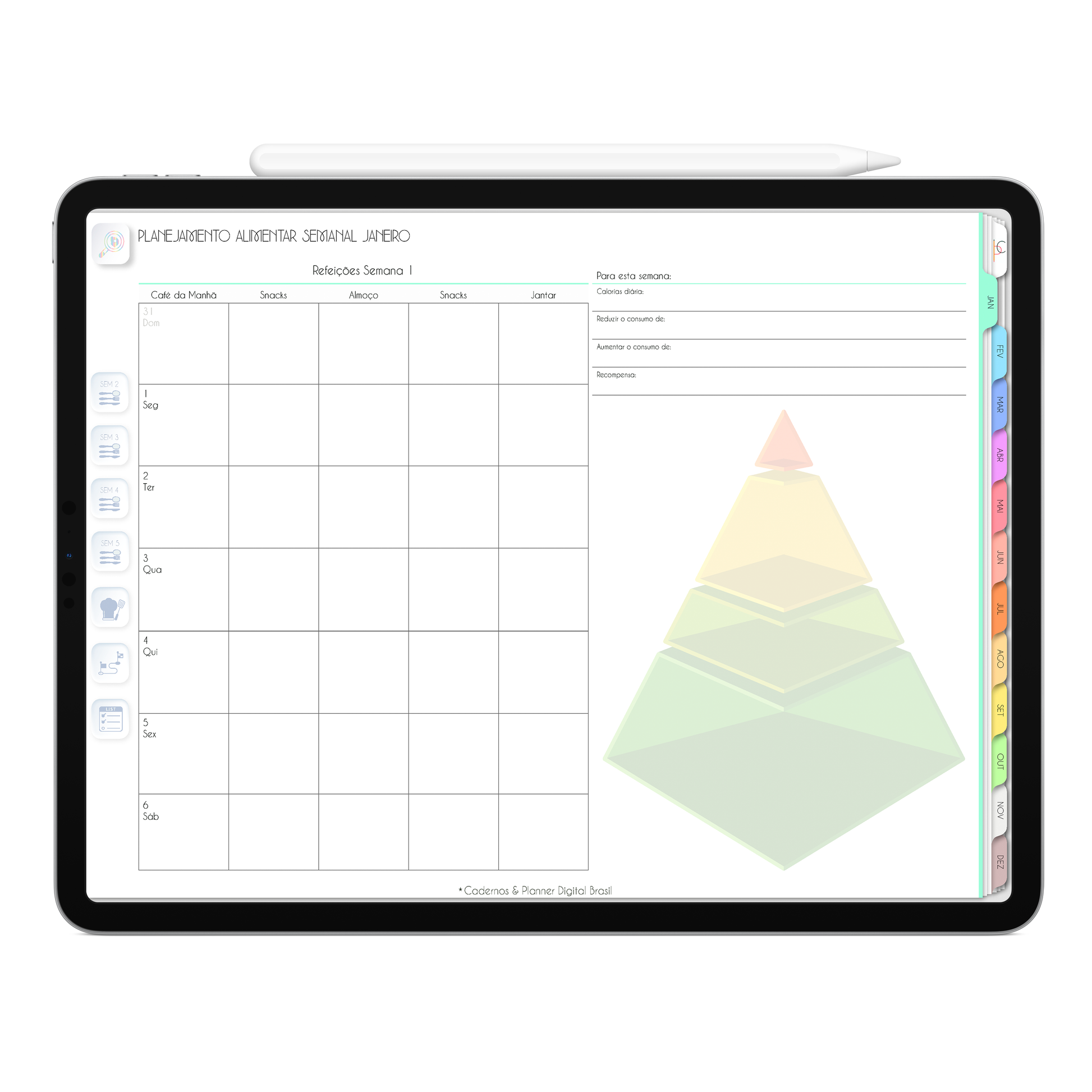 Página de Planejamento Aliementar Planner Digital 2024 para iPad e Tablet Android com aplicativos de Anotações GoodNotes, Noteshelf, Samsung Notes. Planejamento Digital várias áreas da vida, planejamento anual, planejamento mensal, planejamento semanal, planejamento diario, planejamento alimentar. Planner Interativo e Clicável. Cadernos & Planner Digital Brasil