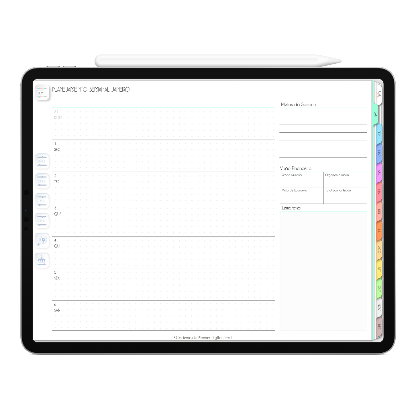 Página de Planejamento Semanal Planner Digital 2024 para iPad e Tablet Android com aplicativos de Anotações GoodNotes, Noteshelf, Samsung Notes. Planejamento Digital várias áreas da vida, planejamento anual, planejamento mensal, planejamento semanal, planejamento diario, planejamento alimentar. Planner Interativo e Clicável. Cadernos & Planner Digital Brasil