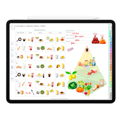 Página de Planejamento Alimentar Planner Digital 2024 para iPad e Tablet Android com aplicativos de Anotações GoodNotes, Noteshelf, Samsung Notes. Planejamento Digital várias áreas da vida, planejamento anual, planejamento mensal, planejamento semanal, planejamento diario, planejamento alimentar. Planner Interativo e Clicável. Cadernos & Planner Digital Brasil