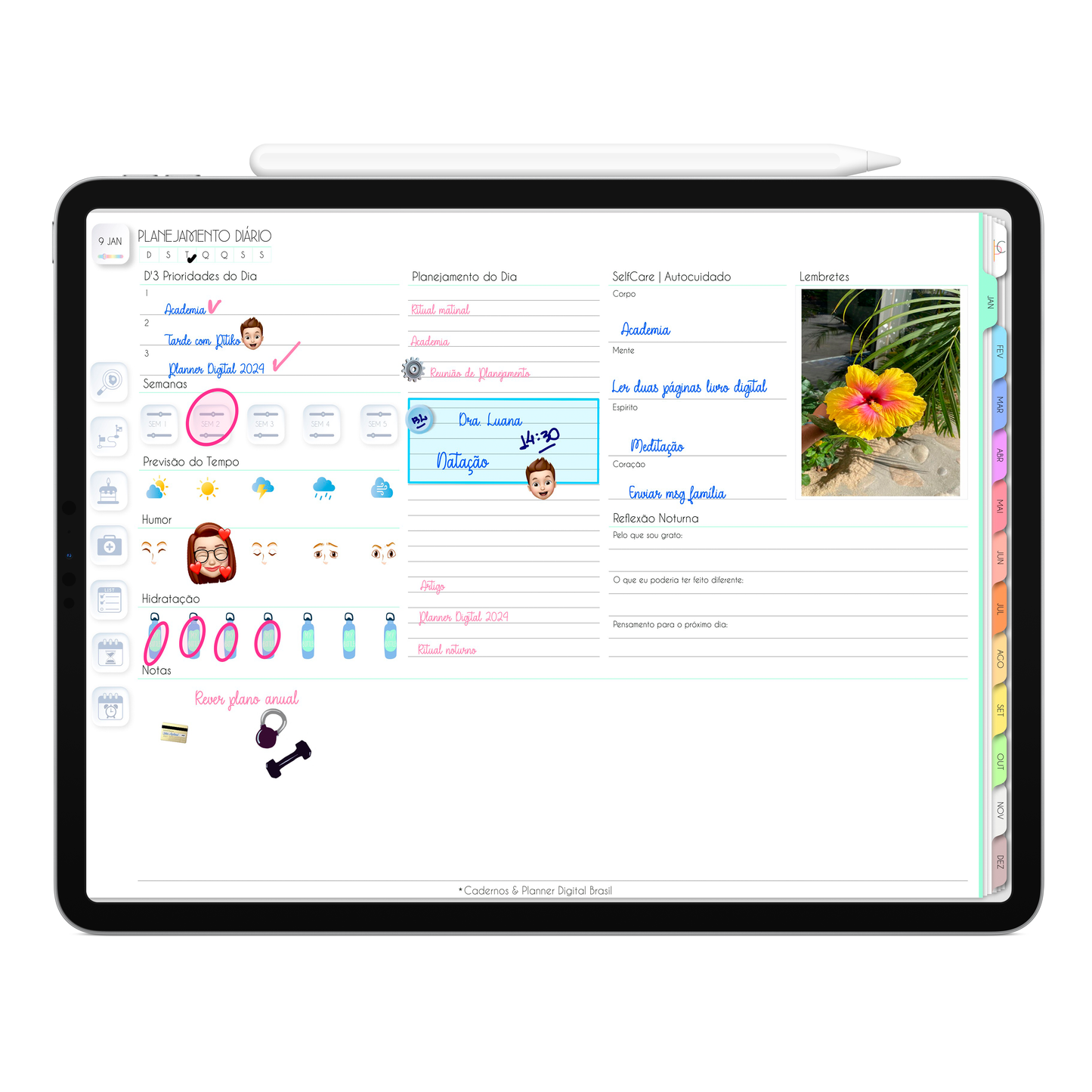 Página de Planejamento Diário Dia a Dia Planner Digital 2024 para iPad e Tablet Android com aplicativos de Anotações GoodNotes, Noteshelf, Samsung Notes. Planejamento Digital várias áreas da vida, planejamento anual, planejamento mensal, planejamento semanal, planejamento diario, planejamento alimentar. Planner Interativo e Clicável. Cadernos & Planner Digital Brasil