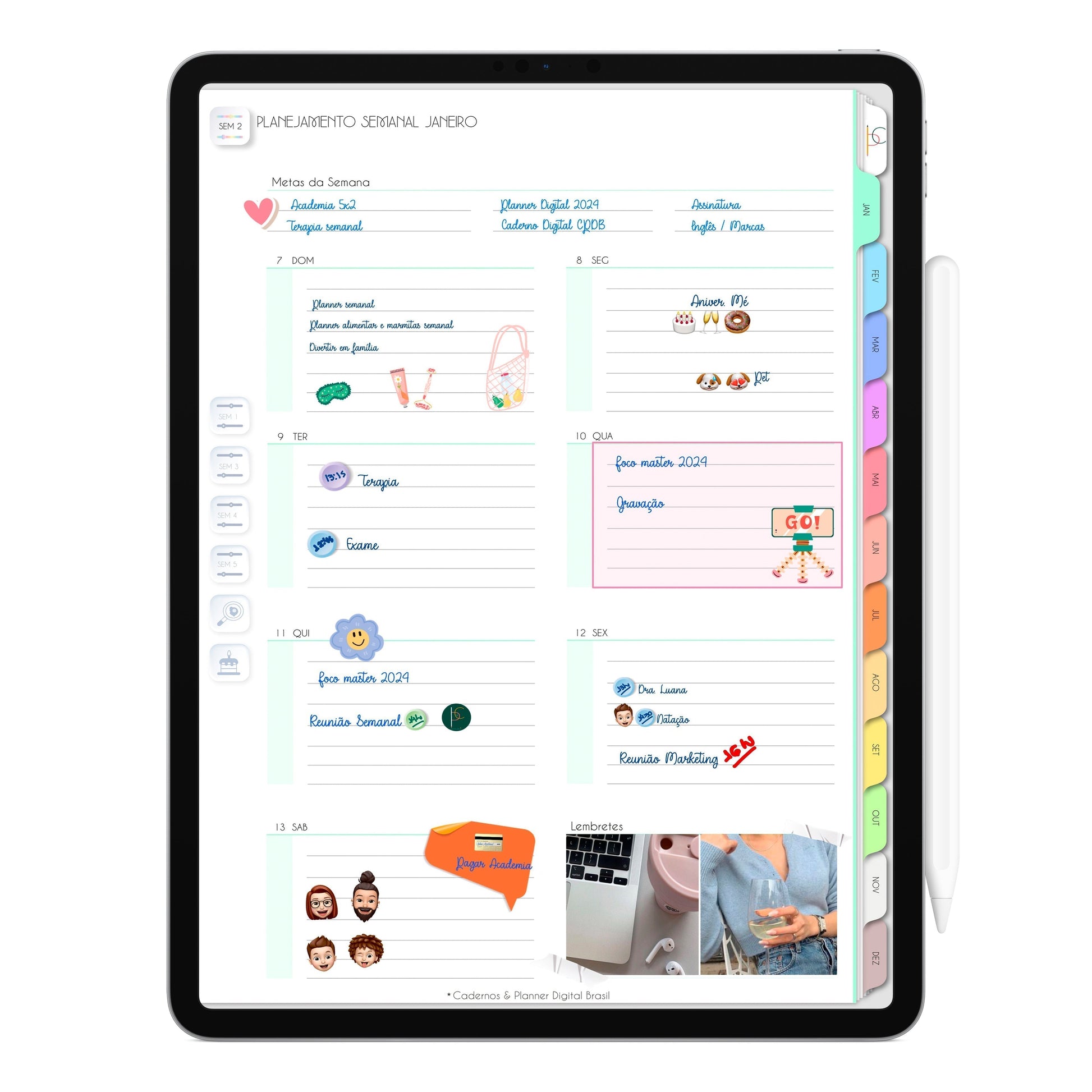 Planejamento Semanal Planner Digita 2024 Life In Colors exlcusivo para iPad e Tablet Android, Tablet Samsung, Aplicativos de Anotações GoodNotes, Noteshelf e Samsung Notes. Planejamento Anual, Planejamento Mensal, Planejamento Semanal e Planejamento DIário. Integração Apple Calendar e Google Calendar Cadernos & Planner Digital Brasil