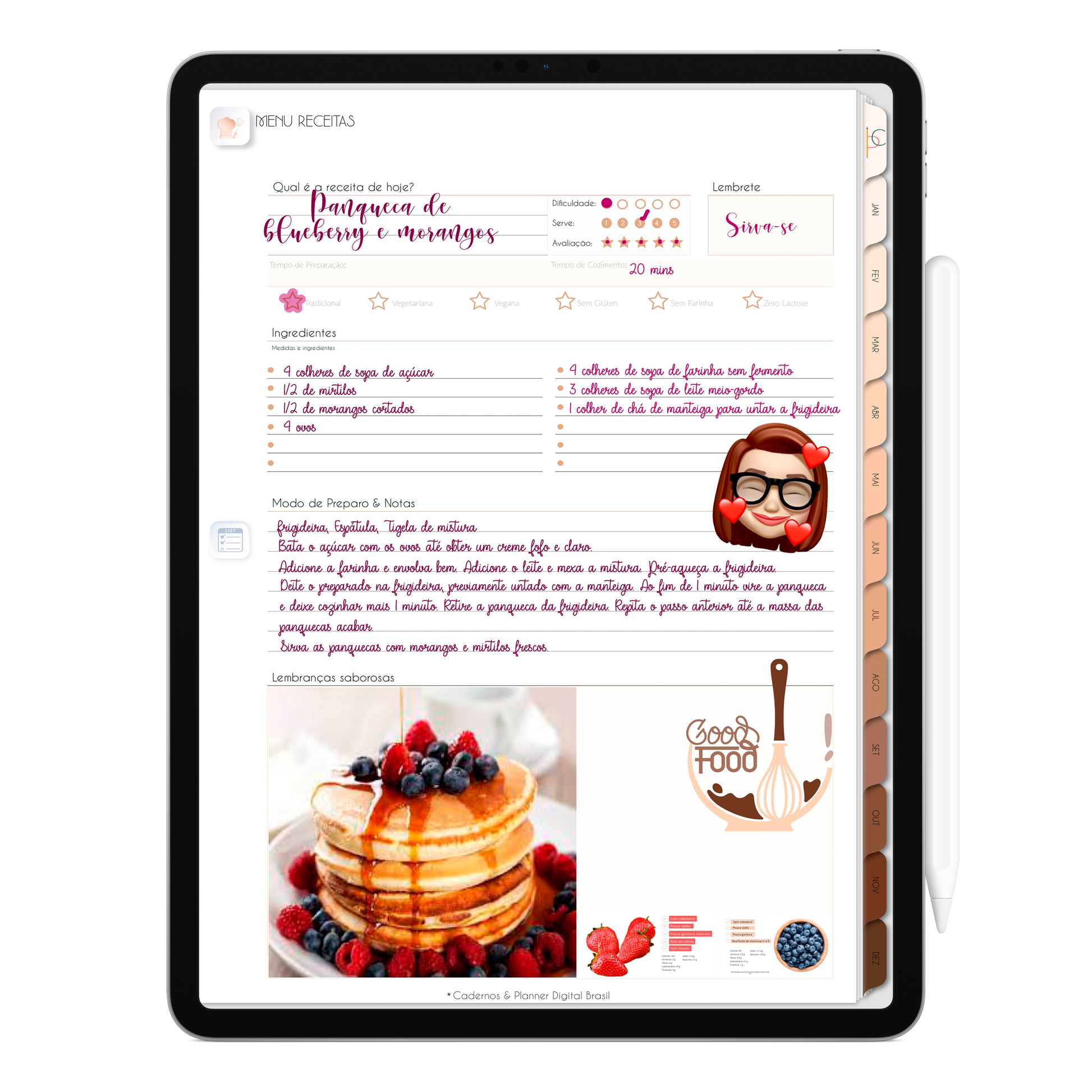 Página de Receitas Planner Digital 2024 para iPad e Tablet Android com aplicativos de anotações digitais GoodNotes, Noteshelf e Samsung Notes. Para planejamento anul, mensal, semana, diário, financeiro, alimentar, habit tracker. Cadernos & Planner Digital Brasil.