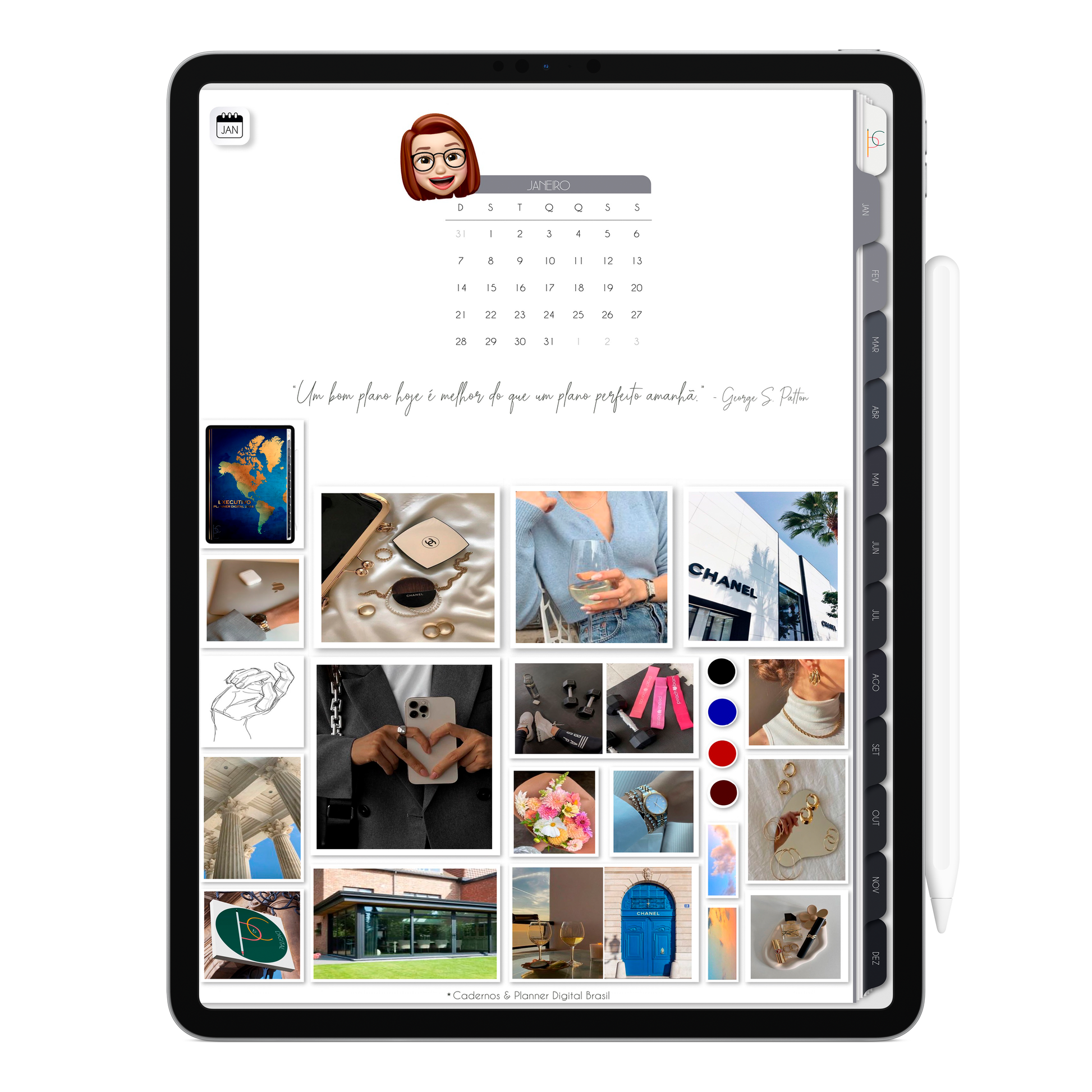 Página Capa do Mês Planner Digital 2024 para iPad e Tablet Android com aplicativos de anotações digitais GoodNotes, Noteshelf e Samsung Notes. Para planejamento anul, mensal, semana, diário, financeiro, alimentar, habit tracker. Cadernos & Planner Digital Brasil.