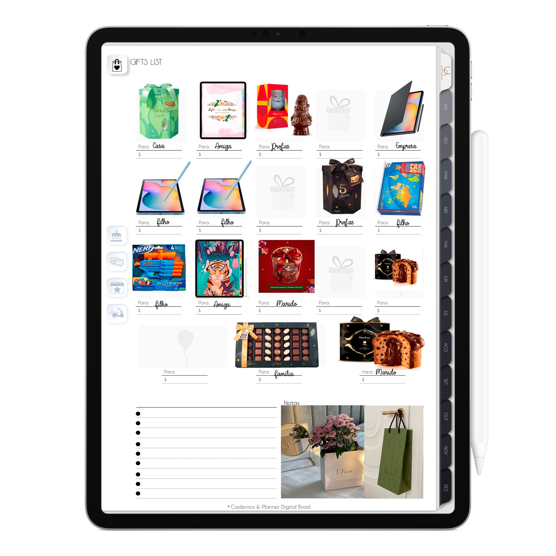 Página de Wish List Lista de Compras Planner Digital 2024 para iPad e Tablet Android com aplicativos de anotações digitais GoodNotes, Noteshelf e Samsung Notes. Para planejamento anul, mensal, semana, diário, financeiro, alimentar, habit tracker. Cadernos & Planner Digital Brasil.