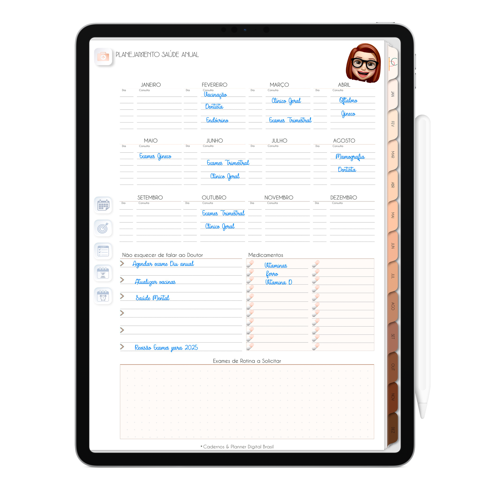 Página de Planejamento Saúde Anual 2024 Planner Digital 2024 para iPad e Tablet Android com aplicativos de anotações digitais GoodNotes, Noteshelf e Samsung Notes. Para planejamento anul, mensal, semana, diário, financeiro, alimentar, habit tracker. Cadernos & Planner Digital Brasil.