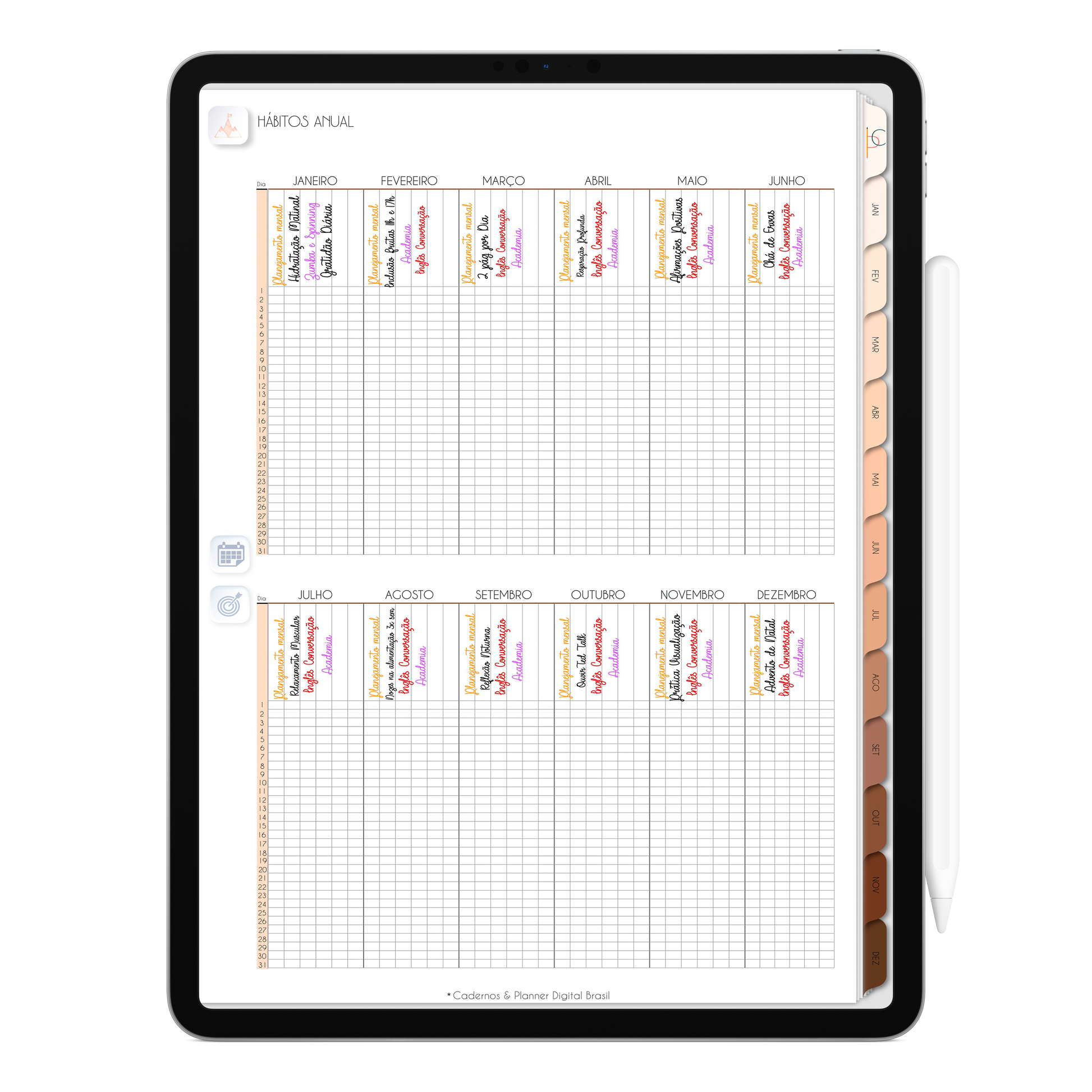 Página de Planejamento Hábitos Planner Digital 2024 para iPad e Tablet Android com aplicativos de anotações digitais GoodNotes, Noteshelf e Samsung Notes. Para planejamento anul, mensal, semana, diário, financeiro, alimentar, habit tracker. Cadernos & Planner Digital Brasil.