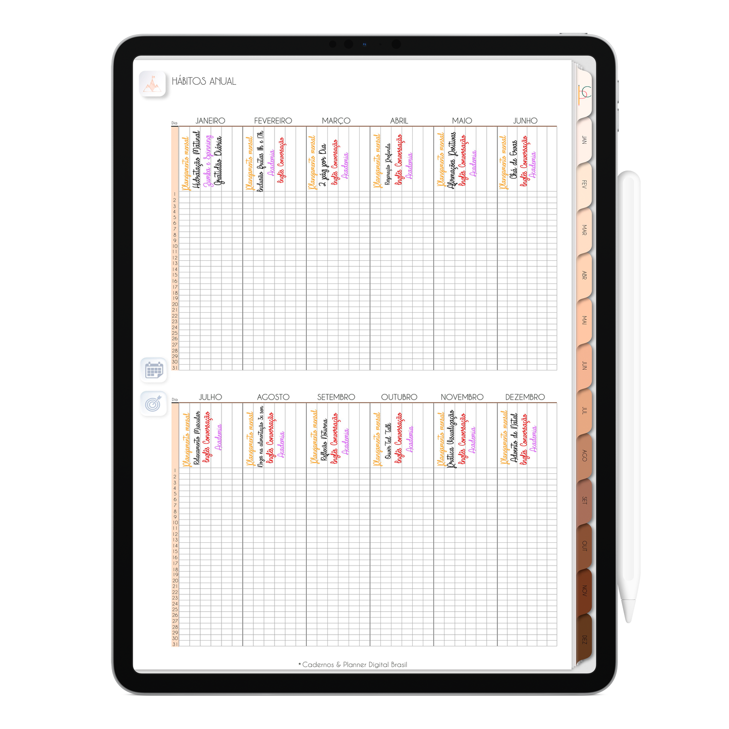 Página de Planejamento Hábitos Planner Digital 2024 para iPad e Tablet Android com aplicativos de anotações digitais GoodNotes, Noteshelf e Samsung Notes. Para planejamento anul, mensal, semana, diário, financeiro, alimentar, habit tracker. Cadernos & Planner Digital Brasil.