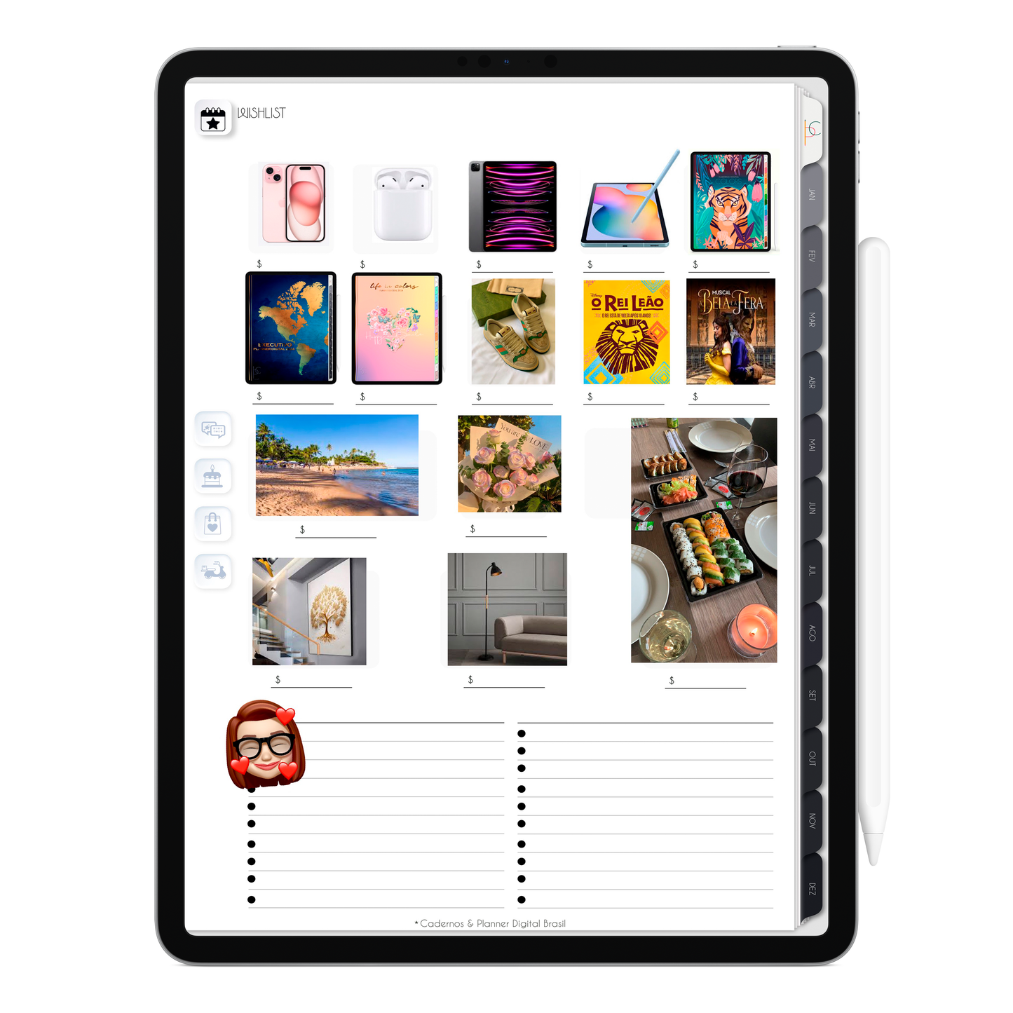 Página de Gift Lits Lista de Presentes Planner Digital 2024 para iPad e Tablet Android com aplicativos de anotações digitais GoodNotes, Noteshelf e Samsung Notes. Para planejamento anul, mensal, semana, diário, financeiro, alimentar, habit tracker. Cadernos & Planner Digital Brasil.