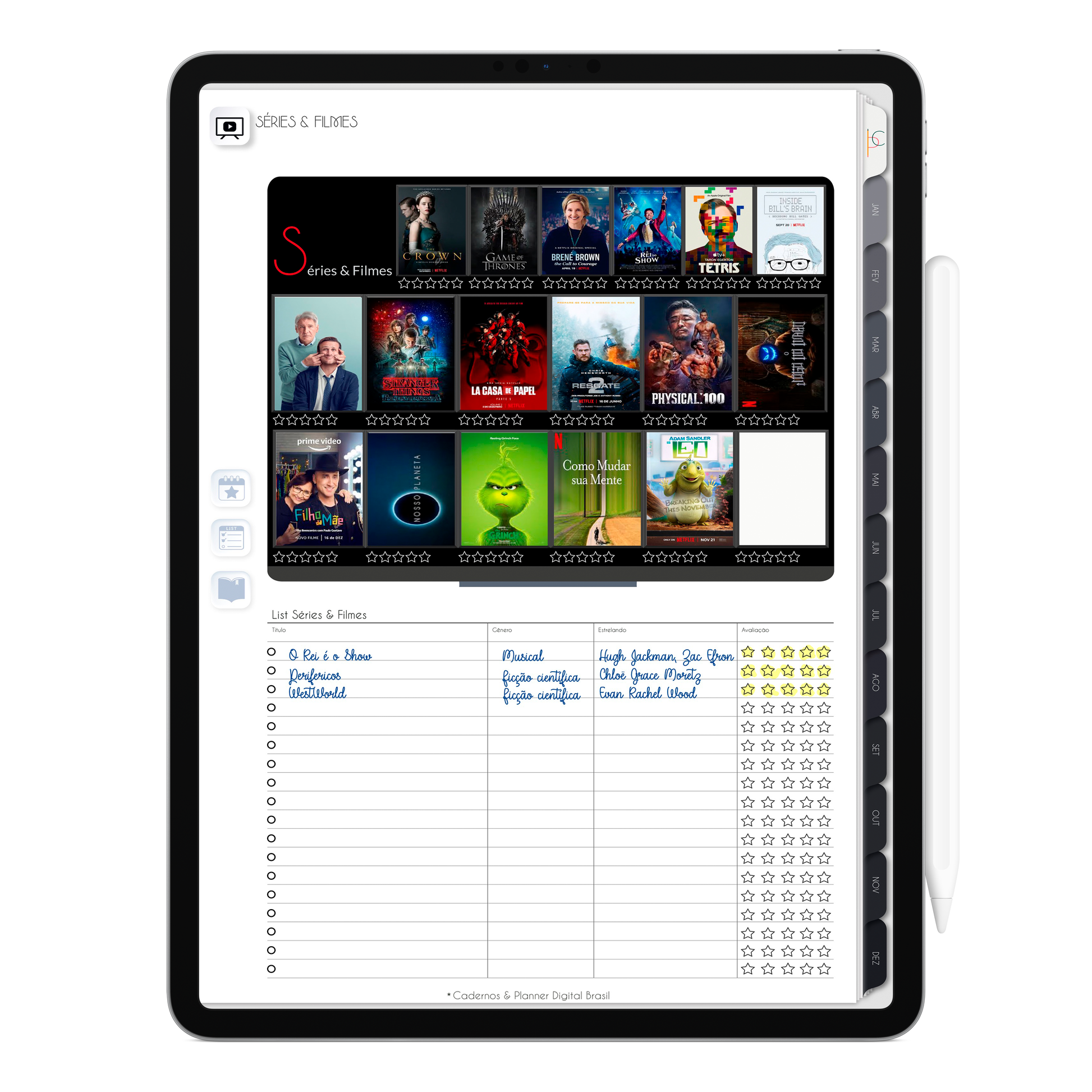 Página de Séries Planner Digital 2024 para iPad e Tablet Android com aplicativos de anotações digitais GoodNotes, Noteshelf e Samsung Notes. Para planejamento anul, mensal, semana, diário, financeiro, alimentar, habit tracker. Cadernos & Planner Digital Brasil.