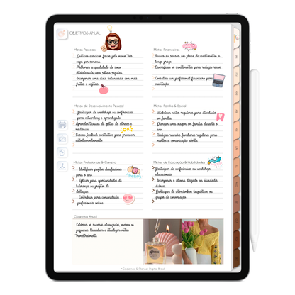 Página de Planejamento Objetivos Anual Planner Digital 2024 para iPad e Tablet Android com aplicativos de anotações digitais GoodNotes, Noteshelf e Samsung Notes. Para planejamento anul, mensal, semana, diário, financeiro, alimentar, habit tracker. Cadernos & Planner Digital Brasil.