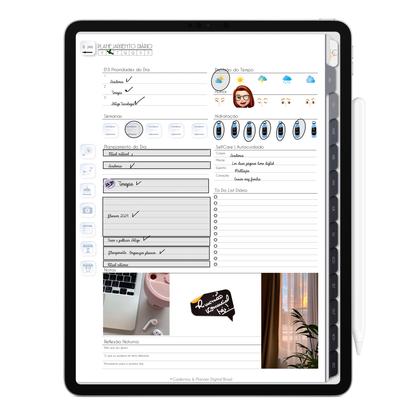 Página de Planejamento Diário Planner Digital 2024 para iPad e Tablet Android com aplicativos de anotações digitais GoodNotes, Noteshelf e Samsung Notes. Para planejamento anul, mensal, semana, diário, financeiro, alimentar, habit tracker. Cadernos & Planner Digital Brasil.