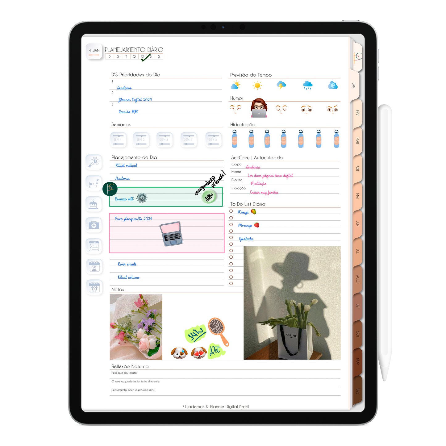 Página de Planejamento Diário Planner Digital 2024 para iPad e Tablet Android com aplicativos de anotações digitais GoodNotes, Noteshelf e Samsung Notes. Para planejamento anul, mensal, semana, diário, financeiro, alimentar, habit tracker. Cadernos & Planner Digital Brasil.
