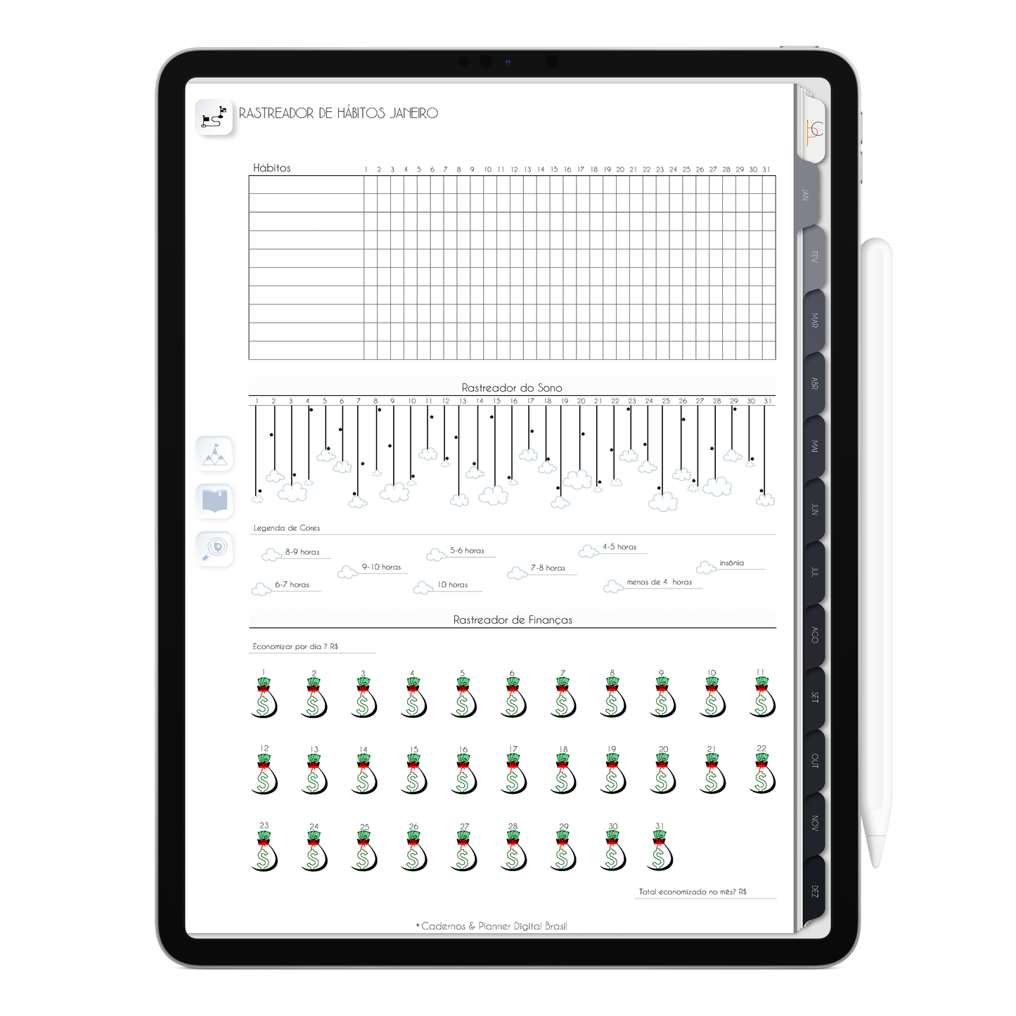 Página de Planejamento de Hábitos Planner Digital 2024 para iPad e Tablet Android com aplicativos de anotações digitais GoodNotes, Noteshelf e Samsung Notes. Para planejamento anul, mensal, semana, diário, financeiro, alimentar, habit tracker. Cadernos & Planner Digital Brasil.