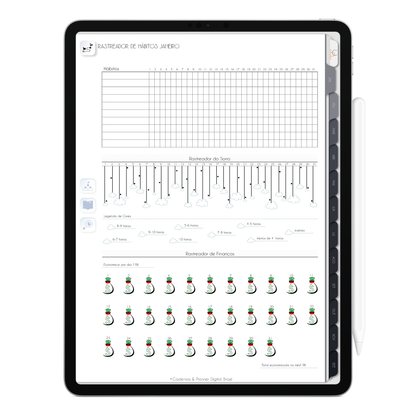 Página de Planejamento de Hábitos Planner Digital 2024 para iPad e Tablet Android com aplicativos de anotações digitais GoodNotes, Noteshelf e Samsung Notes. Para planejamento anul, mensal, semana, diário, financeiro, alimentar, habit tracker. Cadernos & Planner Digital Brasil.