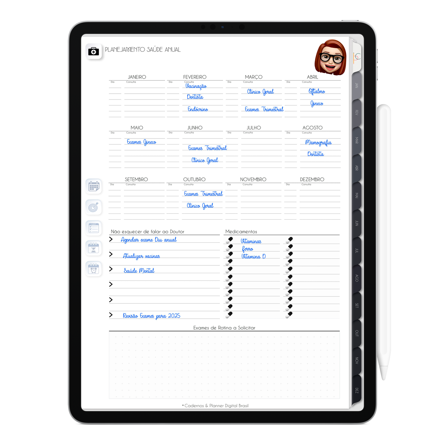 Página de Planejamento Saúde Anual Planner Digital 2024 para iPad e Tablet Android com aplicativos de anotações digitais GoodNotes, Noteshelf e Samsung Notes. Para planejamento anul, mensal, semana, diário, financeiro, alimentar, habit tracker. Cadernos & Planner Digital Brasil.