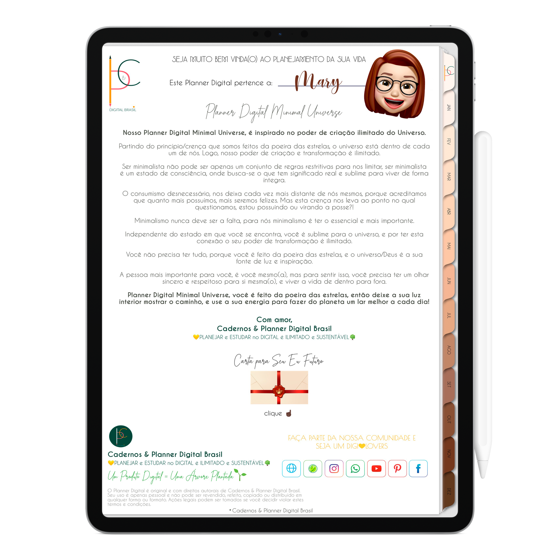 Página História Planner Digital 2024 para iPad e Tablet Android com aplicativos de anotações digitais GoodNotes, Noteshelf e Samsung Notes. Para planejamento anul, mensal, semana, diário, financeiro, alimentar, habit tracker. Cadernos & Planner Digital Brasil.