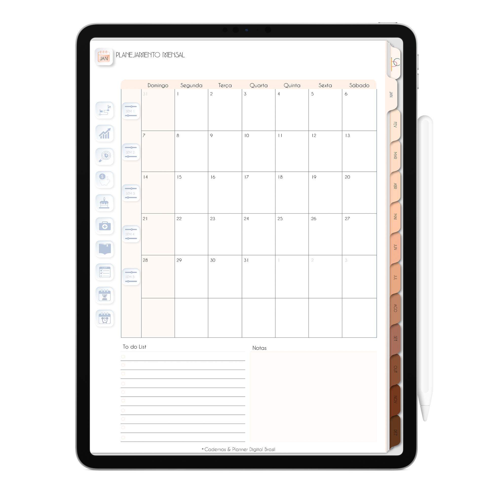 Página de Planejamento Mensal Planner Digital 2024 para iPad e Tablet Android com aplicativos de anotações digitais GoodNotes, Noteshelf e Samsung Notes. Para planejamento anul, mensal, semana, diário, financeiro, alimentar, habit tracker. Cadernos & Planner Digital Brasil.