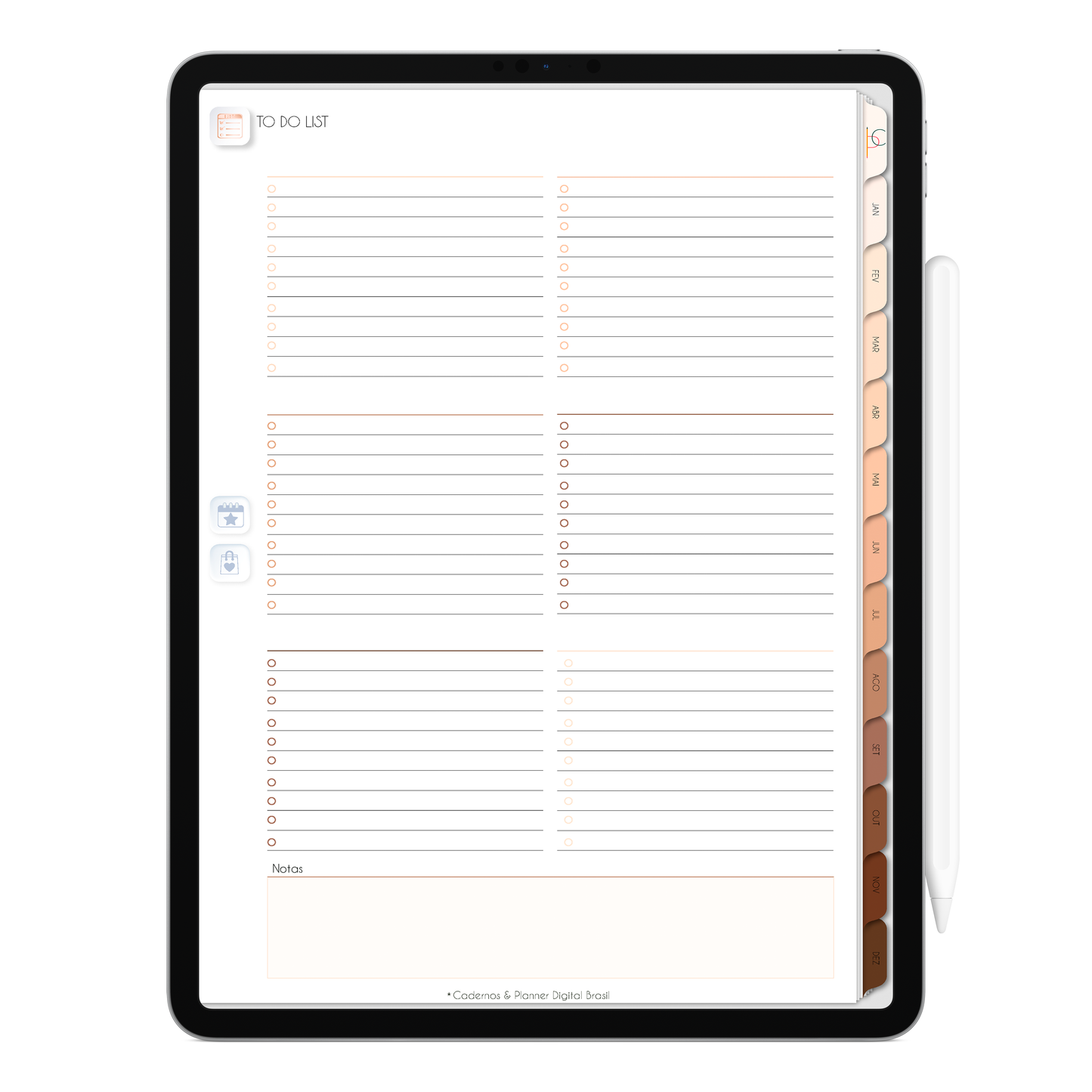 Página de Planejamento To Do List Lista de TarefasPlanner Digital 2024 para iPad e Tablet Android com aplicativos de anotações digitais GoodNotes, Noteshelf e Samsung Notes. Para planejamento anul, mensal, semana, diário, financeiro, alimentar, habit tracker. Cadernos & Planner Digital Brasil.