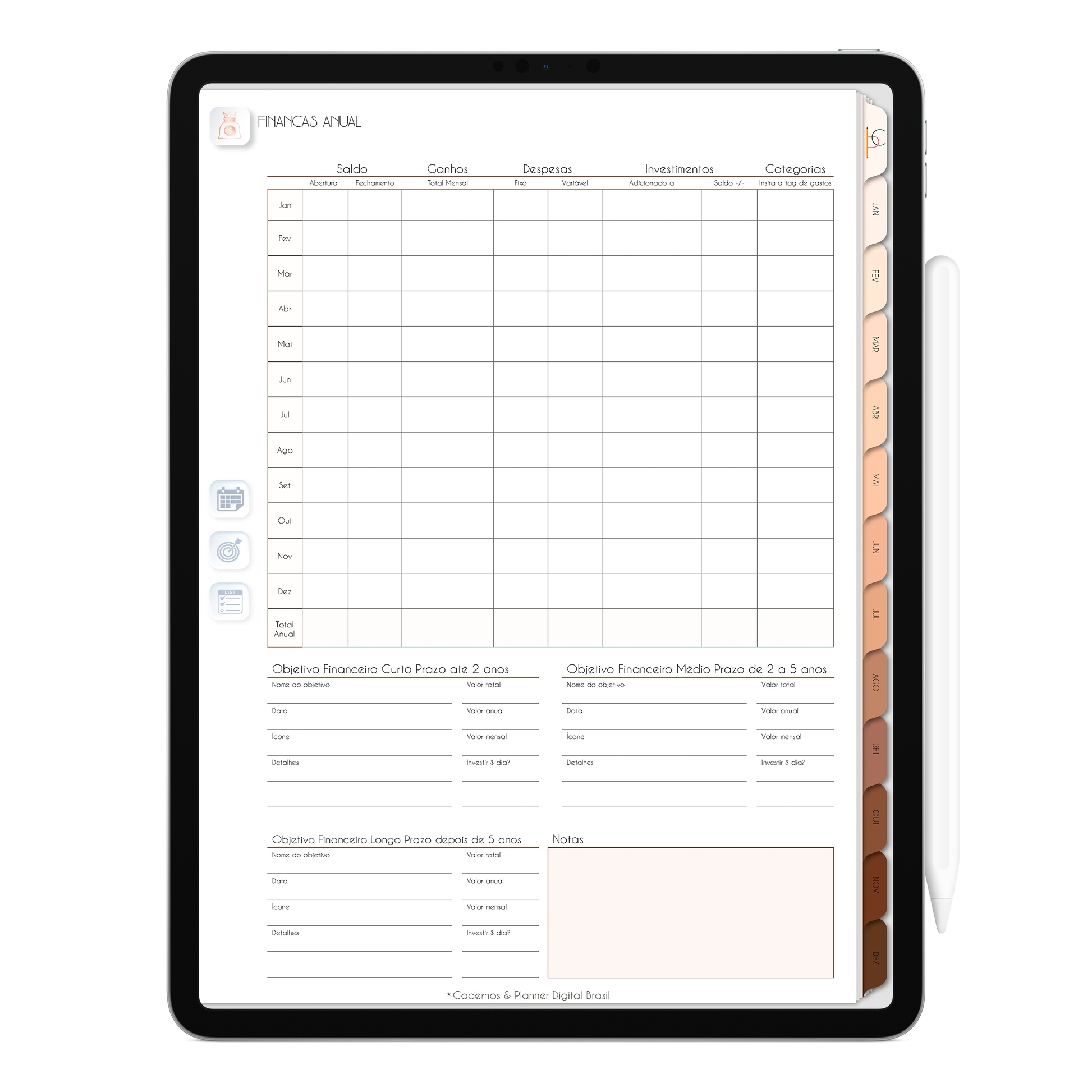 Página de Planejamento Financeiro Planner Digital 2024 para iPad e Tablet Android com aplicativos de anotações digitais GoodNotes, Noteshelf e Samsung Notes. Para planejamento anul, mensal, semana, diário, financeiro, alimentar, habit tracker. Cadernos & Planner Digital Brasil.