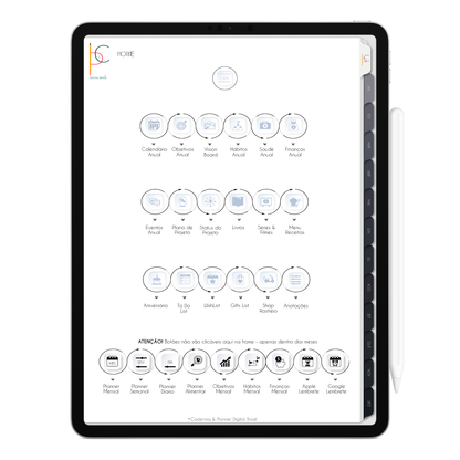Página Home Planner Digital 2024 para iPad e Tablet Android com aplicativos de anotações digitais GoodNotes, Noteshelf e Samsung Notes. Para planejamento anul, mensal, semana, diário, financeiro, alimentar, habit tracker. Cadernos & Planner Digital Brasil.
