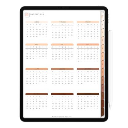 Página Calendário Anual 2024 Planner Digital 2024 para iPad e Tablet Android com aplicativos de anotações digitais GoodNotes, Noteshelf e Samsung Notes. Para planejamento anul, mensal, semana, diário, financeiro, alimentar, habit tracker. Cadernos & Planner Digital Brasil.