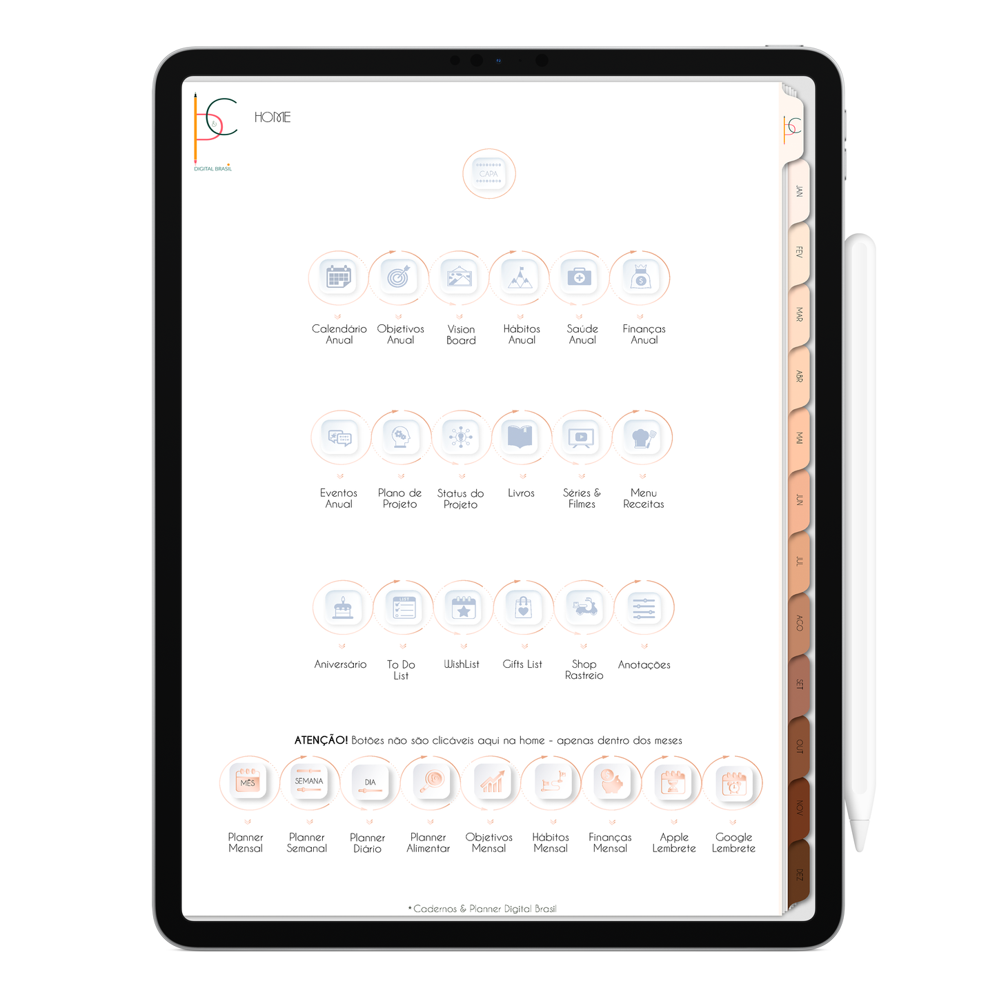 Home Index Planner Digital 2024 para iPad e Tablet Android com aplicativos de anotações digitais GoodNotes, Noteshelf e Samsung Notes. Para planejamento anul, mensal, semana, diário, financeiro, alimentar, habit tracker. Cadernos & Planner Digital Brasil.