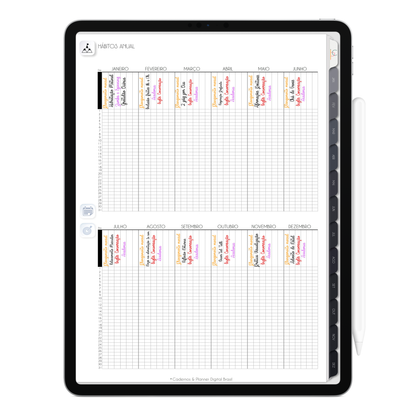 Página de Rastreador de Hábitos Planner Digital 2024 para iPad e Tablet Android com aplicativos de anotações digitais GoodNotes, Noteshelf e Samsung Notes. Para planejamento anul, mensal, semana, diário, financeiro, alimentar, habit tracker. Cadernos & Planner Digital Brasil.