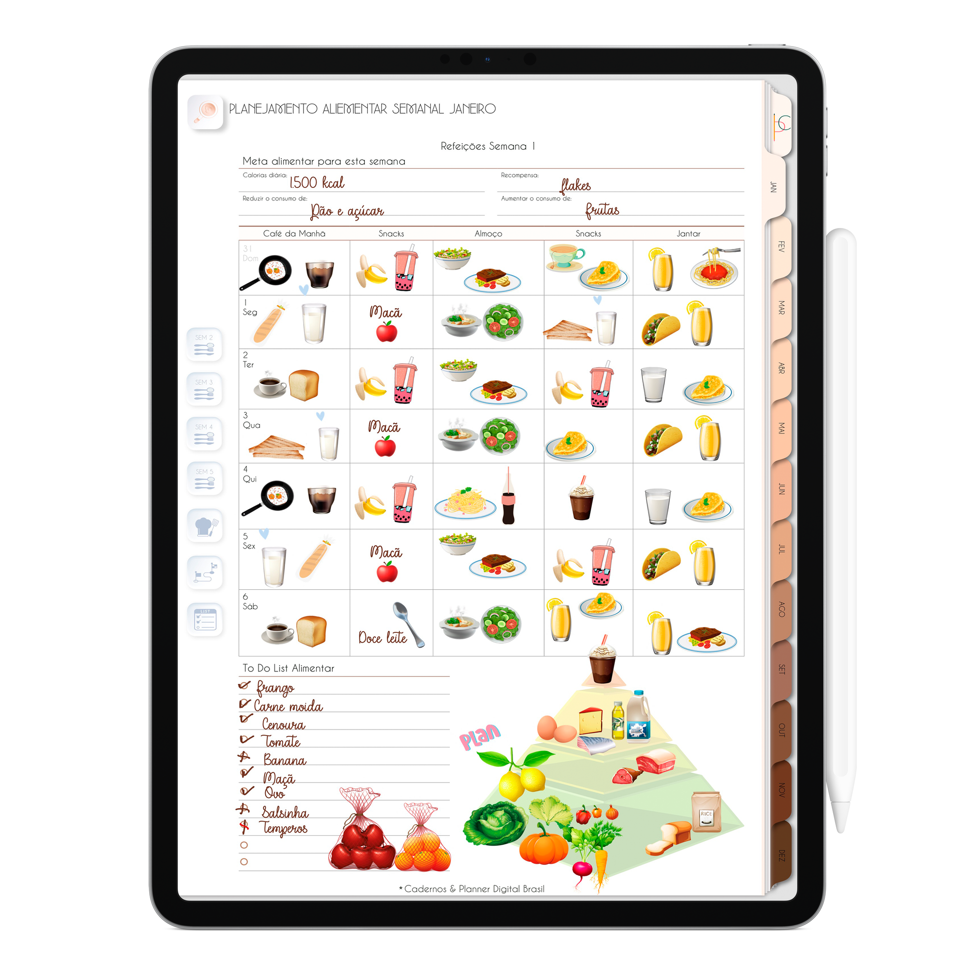 Página de Planejamento Alimentar Semanal Planner Digital 2024 para iPad e Tablet Android com aplicativos de anotações digitais GoodNotes, Noteshelf e Samsung Notes. Para planejamento anul, mensal, semana, diário, financeiro, alimentar, habit tracker. Cadernos & Planner Digital Brasil.