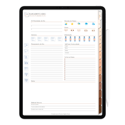 Página de Planejamento Diário do Dia Agendamentos Planner Digital 2024 para iPad e Tablet Android com aplicativos de anotações digitais GoodNotes, Noteshelf e Samsung Notes. Para planejamento anul, mensal, semana, diário, financeiro, alimentar, habit tracker. Cadernos & Planner Digital Brasil.