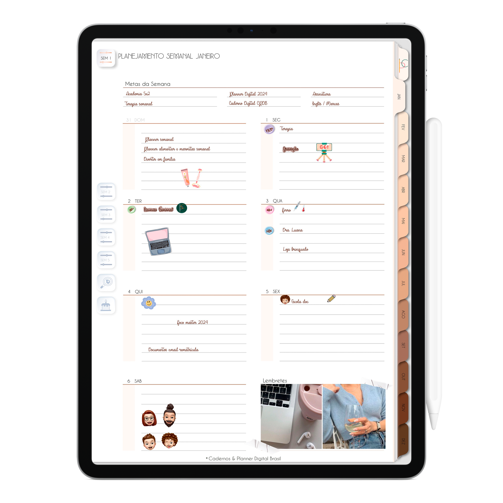 Página de Planejamento Semanal Planner Digital 2024 para iPad e Tablet Android com aplicativos de anotações digitais GoodNotes, Noteshelf e Samsung Notes. Para planejamento anul, mensal, semana, diário, financeiro, alimentar, habit tracker. Cadernos & Planner Digital Brasil.