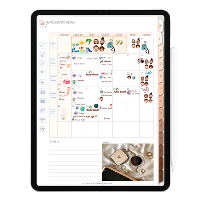 Página de Planejamento Mensal Planner Digital 2024 para iPad e Tablet Android com aplicativos de anotações digitais GoodNotes, Noteshelf e Samsung Notes. Para planejamento anul, mensal, semana, diário, financeiro, alimentar, habit tracker. Cadernos & Planner Digital Brasil.