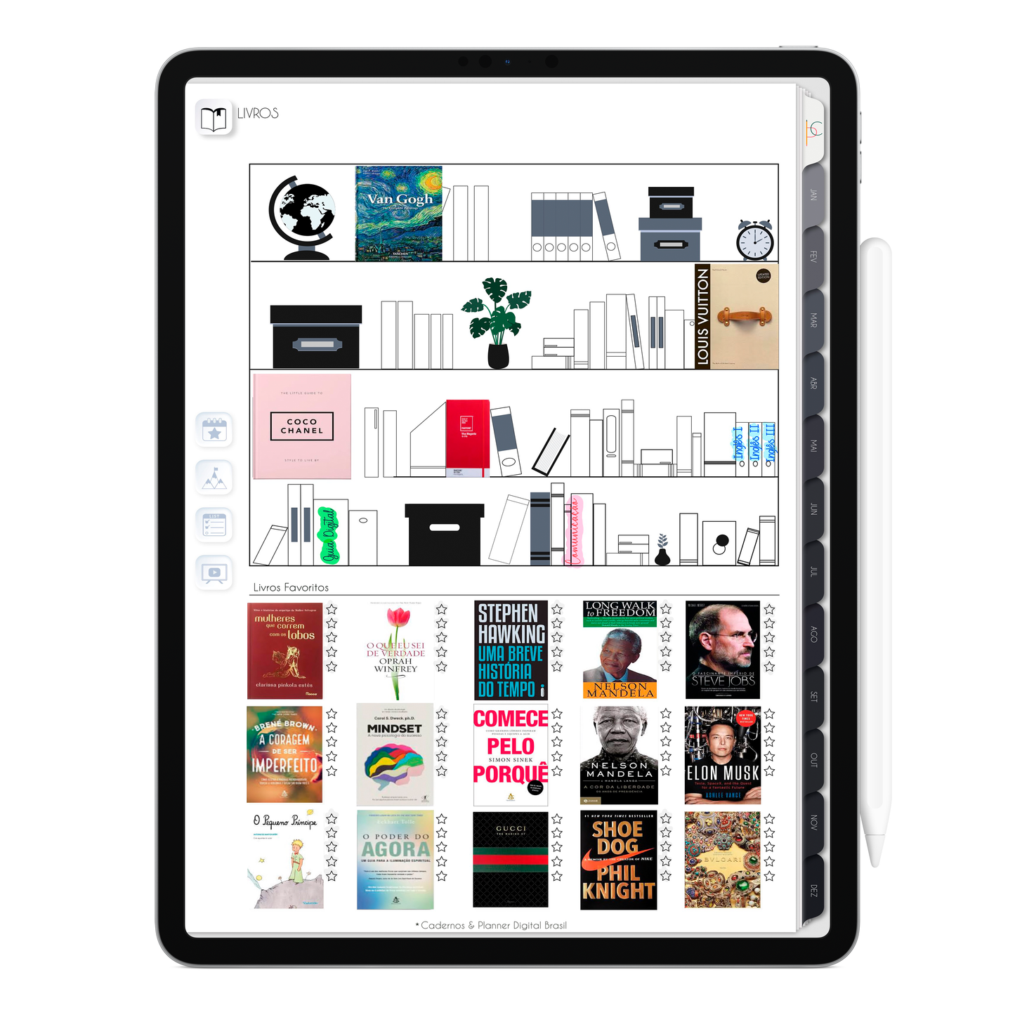 Página de Livros Planner Digital 2024 para iPad e Tablet Android com aplicativos de anotações digitais GoodNotes, Noteshelf e Samsung Notes. Para planejamento anul, mensal, semana, diário, financeiro, alimentar, habit tracker. Cadernos & Planner Digital Brasil.