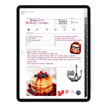 Página de Receitas Planner Digital 2024 para iPad e Tablet Android com aplicativos de anotações digitais GoodNotes, Noteshelf e Samsung Notes. Para planejamento anul, mensal, semana, diário, financeiro, alimentar, habit tracker. Cadernos & Planner Digital Brasil.