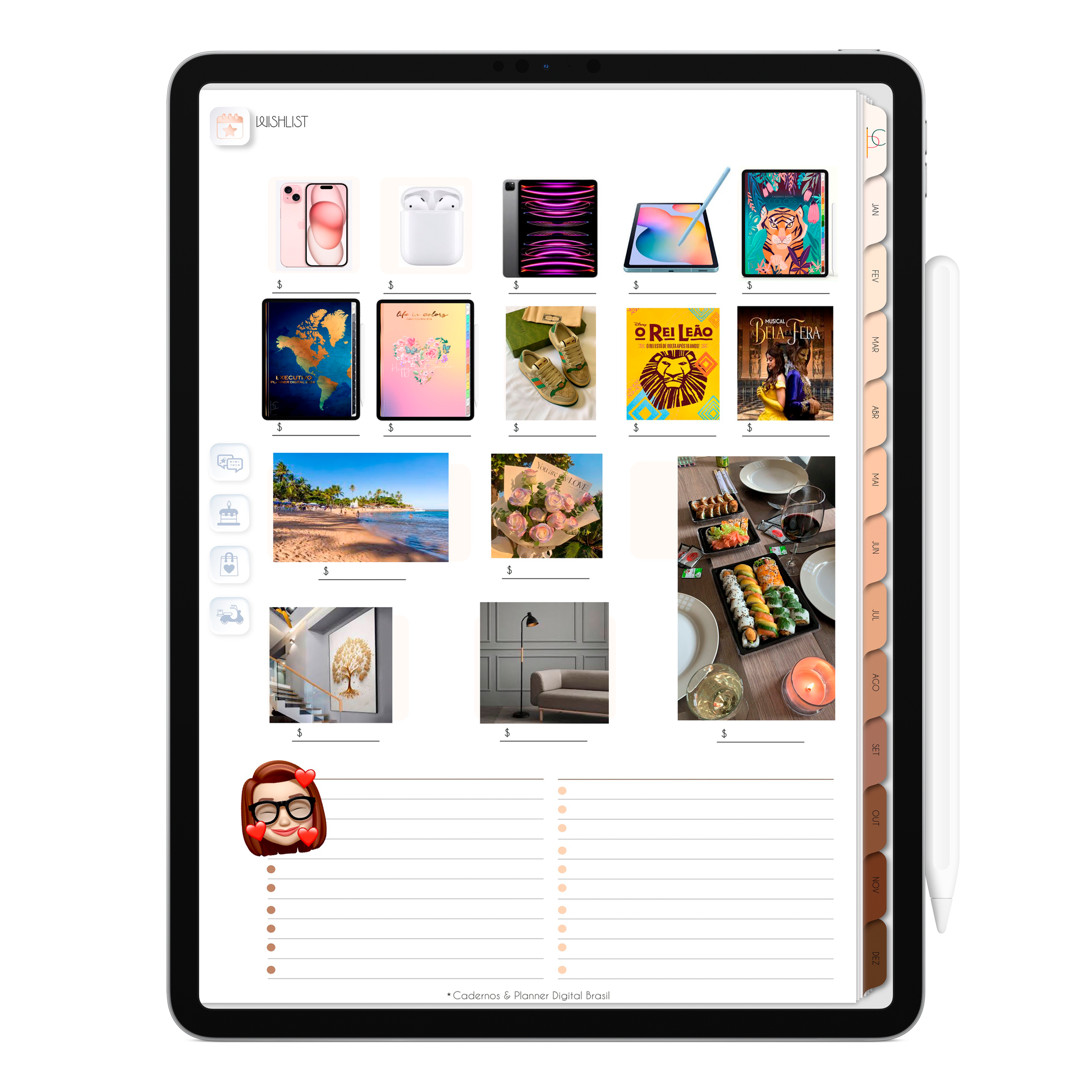 Página de Planejamento Gift List Lista de Presentes Planner Digital 2024 para iPad e Tablet Android com aplicativos de anotações digitais GoodNotes, Noteshelf e Samsung Notes. Para planejamento anul, mensal, semana, diário, financeiro, alimentar, habit tracker. Cadernos & Planner Digital Brasil.