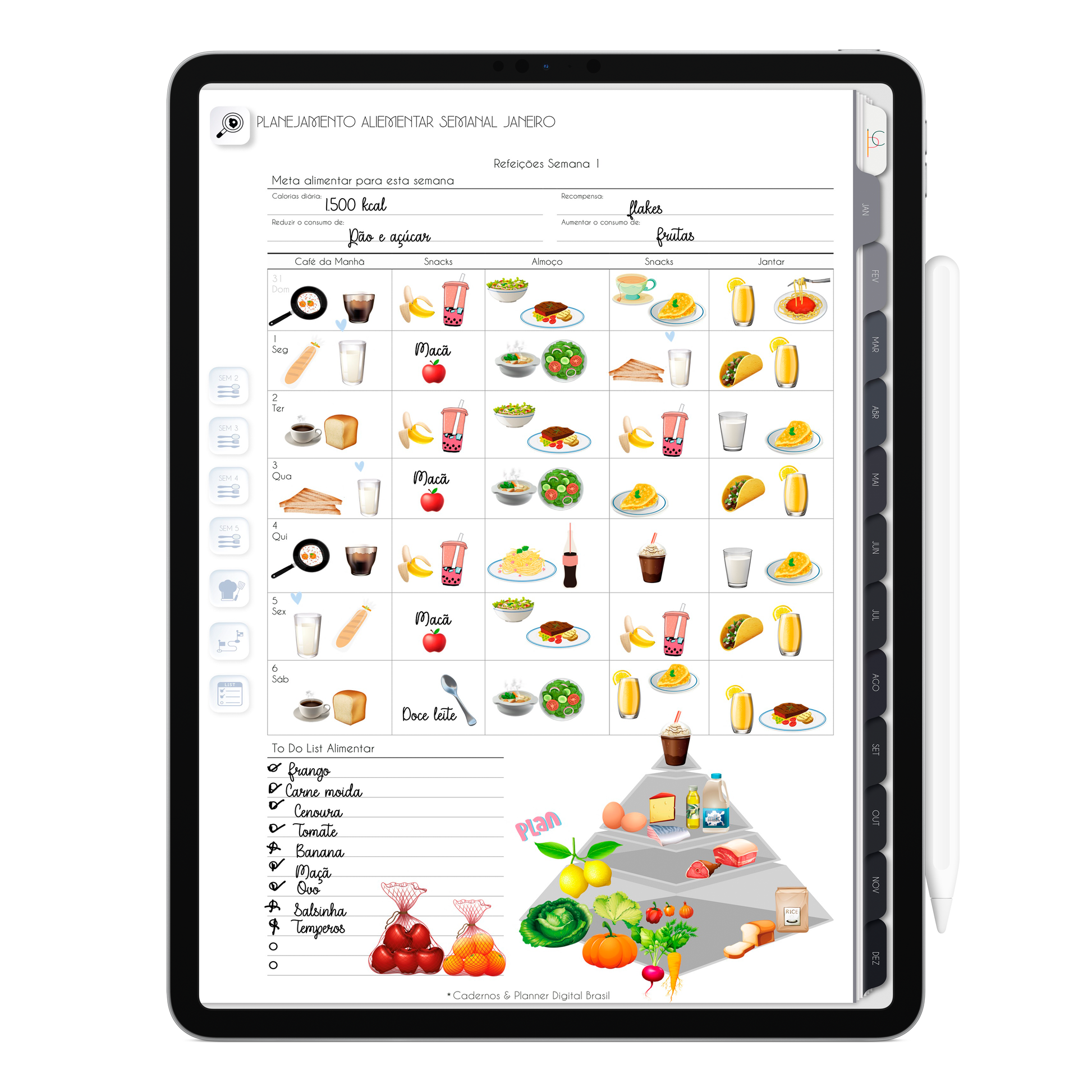 Página de Planejamento Alimentar Semanal Planner Digital 2024 para iPad e Tablet Android com aplicativos de anotações digitais GoodNotes, Noteshelf e Samsung Notes. Para planejamento anul, mensal, semana, diário, financeiro, alimentar, habit tracker. Cadernos & Planner Digital Brasil.