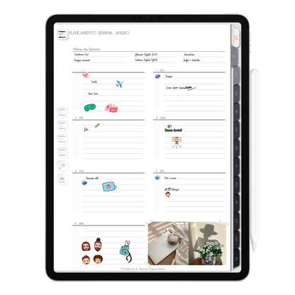 Página de Planejamento Semanal Planner Digital 2024 para iPad e Tablet Android com aplicativos de anotações digitais GoodNotes, Noteshelf e Samsung Notes. Para planejamento anul, mensal, semana, diário, financeiro, alimentar, habit tracker. Cadernos & Planner Digital Brasil.