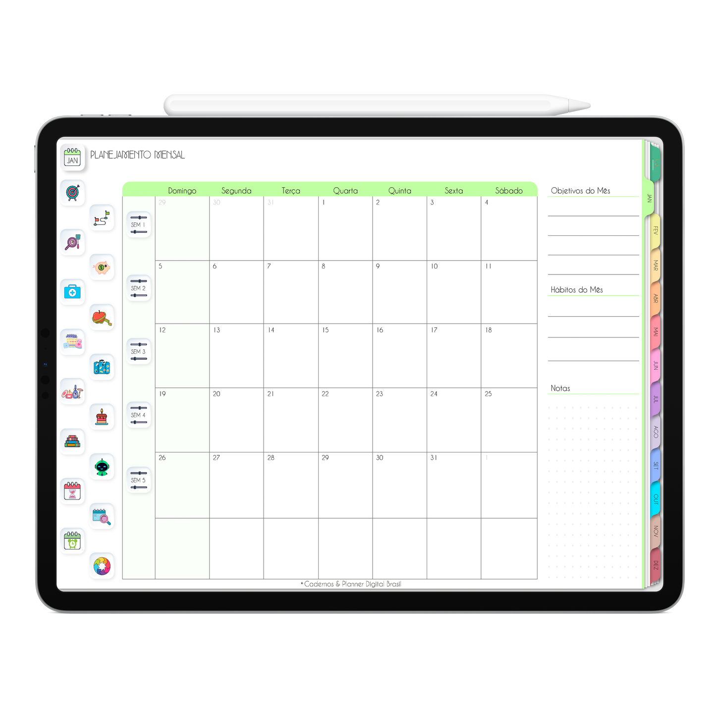 Planner Digital com planejamento mensal com ativação lembretes apple calendar e google agenda e inteligência artificial AI Planner no ChatGPT. Planner Digital 2025 Gratuito download grátis do planner digital para iPad e Tablet Android, tablet da Samsung Planeje sua vida no melhor planner digital da Cadernos  Planner Digital Brasil