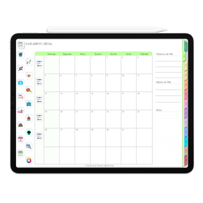 Planner Digital com planejamento mensal com ativação lembretes apple calendar e google agenda e inteligência artificial AI Planner no ChatGPT. Planner Digital 2025 Gratuito download grátis do planner digital para iPad e Tablet Android, tablet da Samsung Planeje sua vida no melhor planner digital da Cadernos  Planner Digital Brasil